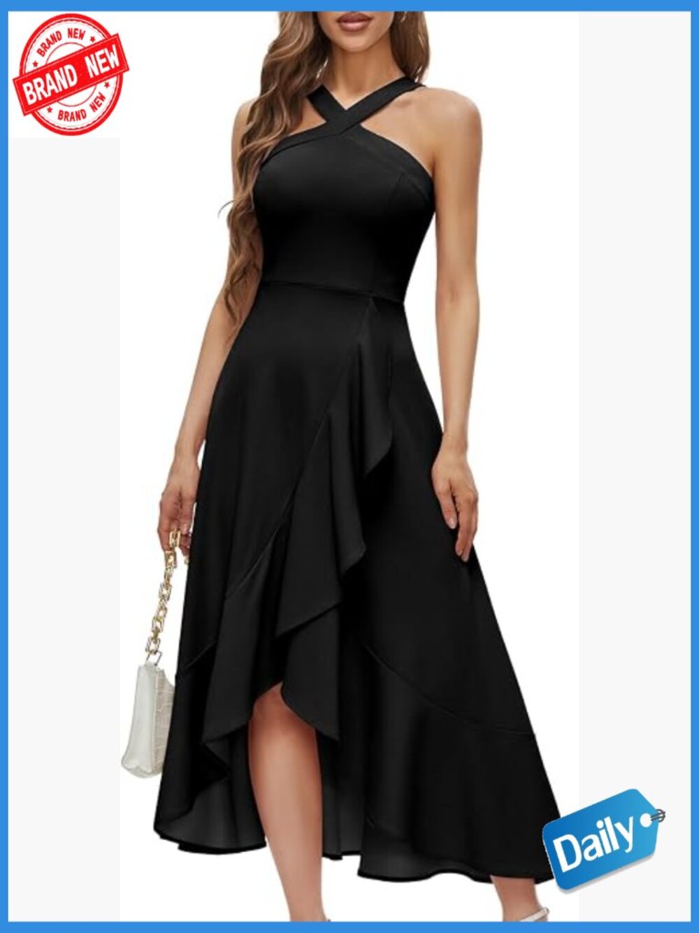 Halter Hi-Lo Maxi Dress, Ruffled A-Line, Zipper Closure, Sleeveless